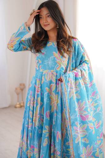 Sky blue printed muslin anarkali gown set with dupatta