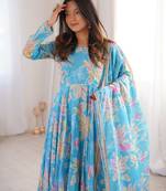 Sky blue printed muslin anarkali gown set with dupatta