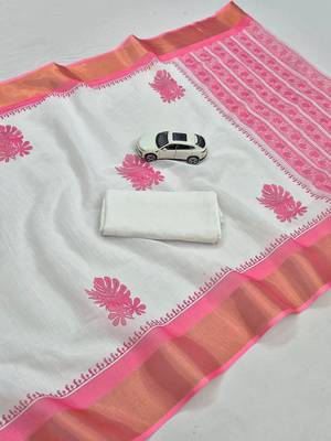 white -pink color linen cotton blend digital printed sarees 4