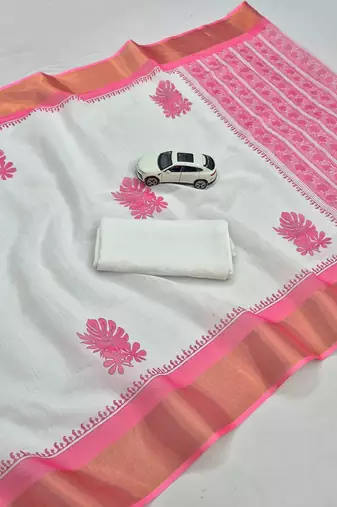 white -pink color linen cotton blend digital printed sarees