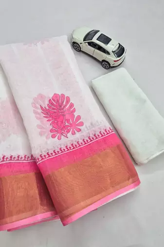 white -pink color linen cotton blend digital printed sarees