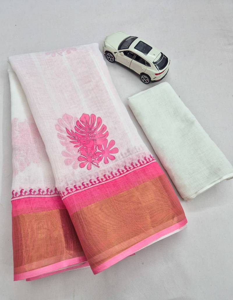 white -pink color linen cotton blend digital printed sarees