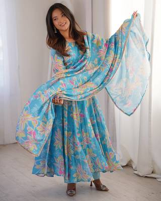 Sky blue printed muslin anarkali gown set with dupatta 2