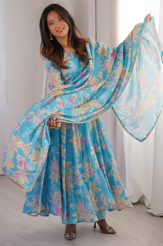 Sky blue printed muslin anarkali gown set with dupatta