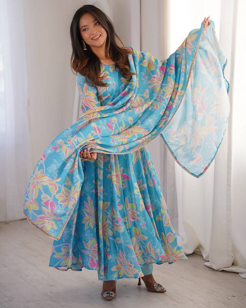 Sky blue printed muslin anarkali gown set with dupatta