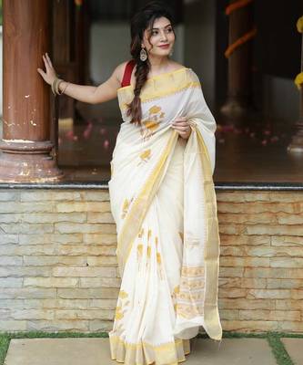 white -yellow color linen cotton blend digital printed sarees 1