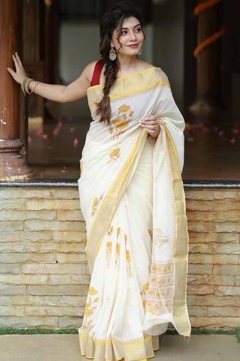 white -yellow color linen cotton blend digital printed sarees