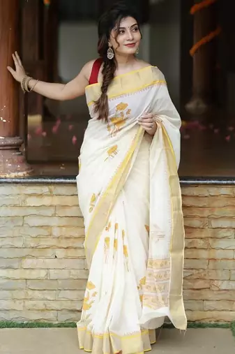 white -yellow color linen cotton blend digital printed sarees