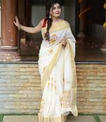 white -yellow color linen cotton blend digital printed sarees