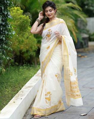 white -yellow color linen cotton blend digital printed sarees 2