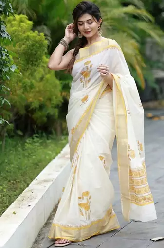 white -yellow color linen cotton blend digital printed sarees