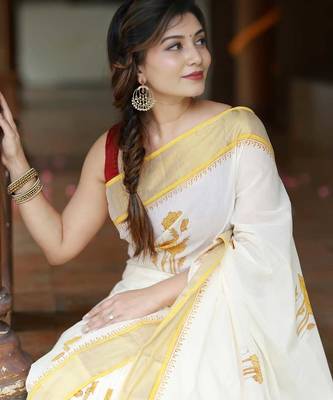 white -yellow color linen cotton blend digital printed sarees 3