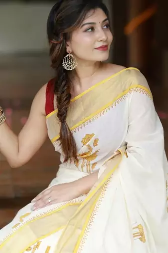 white -yellow color linen cotton blend digital printed sarees