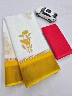 white -yellow color linen cotton blend digital printed sarees 4