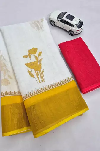 white -yellow color linen cotton blend digital printed sarees
