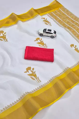 white -yellow color linen cotton blend digital printed sarees