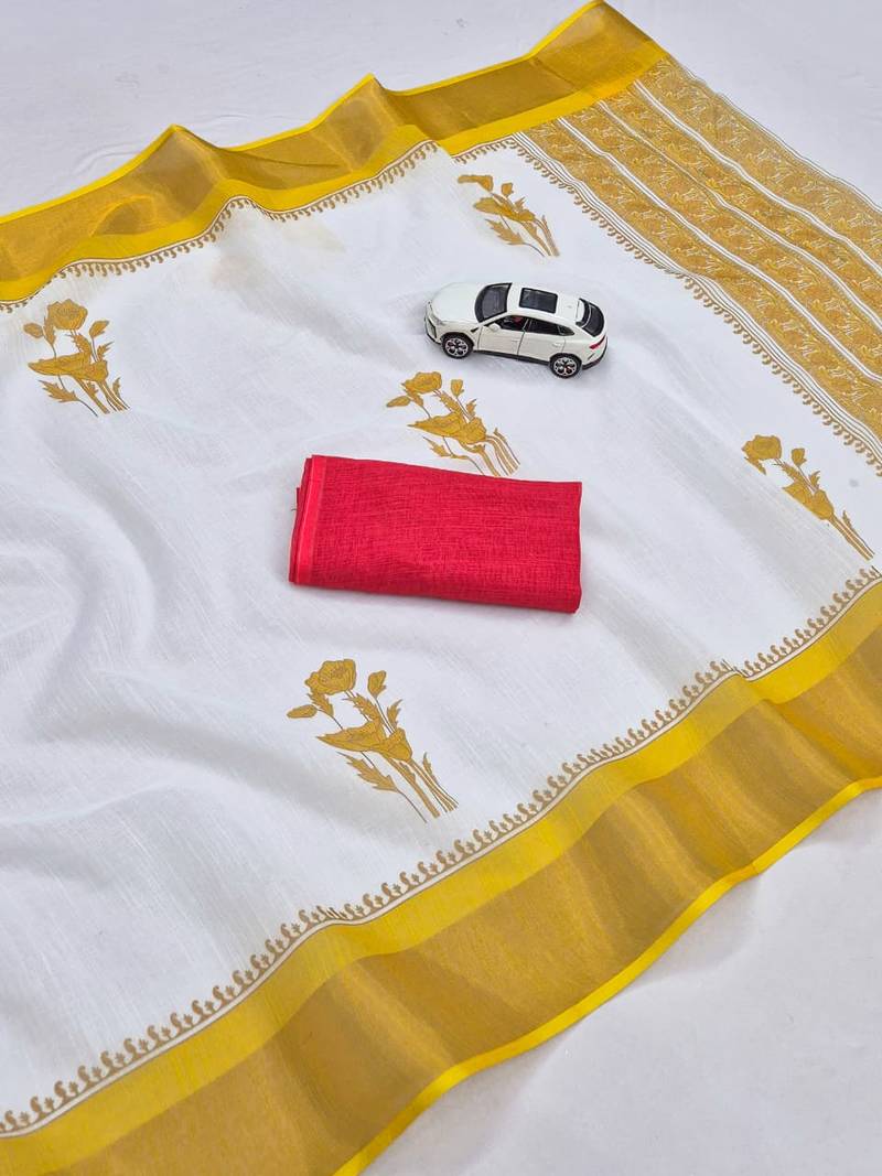 white -yellow color linen cotton blend digital printed sarees