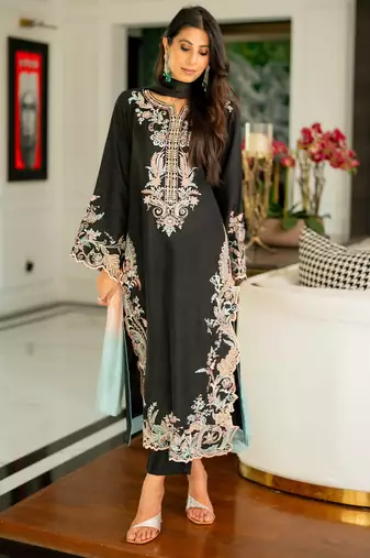 Black satin rayon kaftan set with dupatta