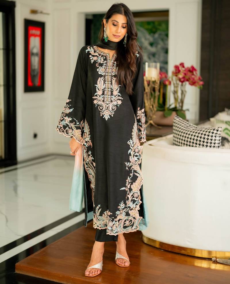 Black satin rayon kaftan set with dupatta