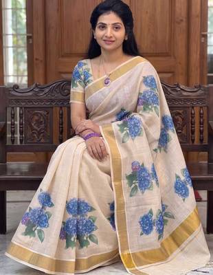 chiku -blue color flower digital printed linen cotton blend sarees 1