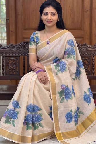 chiku -blue color flower digital printed linen cotton blend sarees