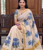 chiku -blue color flower digital printed linen cotton blend sarees