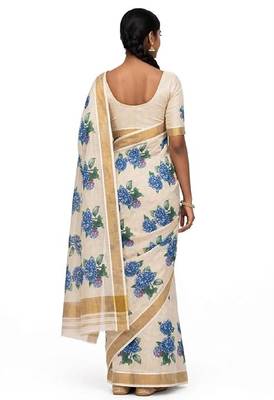chiku -blue color flower digital printed linen cotton blend sarees 2