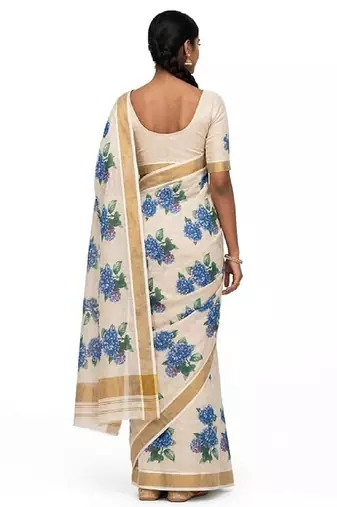 chiku -blue color flower digital printed linen cotton blend sarees