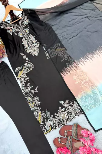 Black satin rayon kaftan set with dupatta