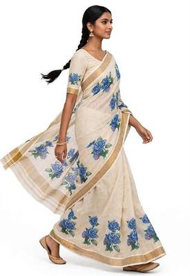 chiku -blue color flower digital printed linen cotton blend sarees 3
