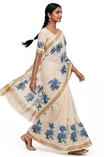 chiku -blue color flower digital printed linen cotton blend sarees