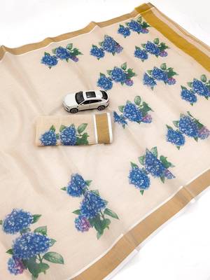 chiku -blue color flower digital printed linen cotton blend sarees 4