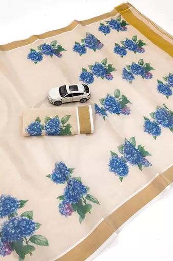 chiku -blue color flower digital printed linen cotton blend sarees