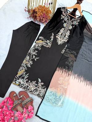 Black satin rayon kaftan set with dupatta 3