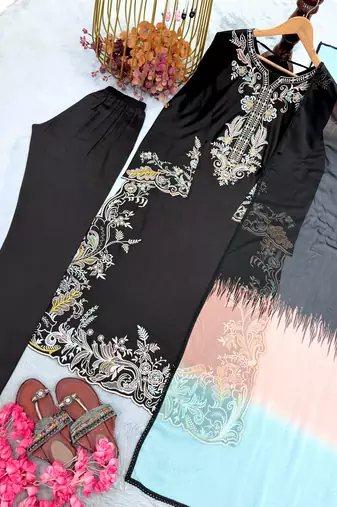 Black satin rayon kaftan set with dupatta