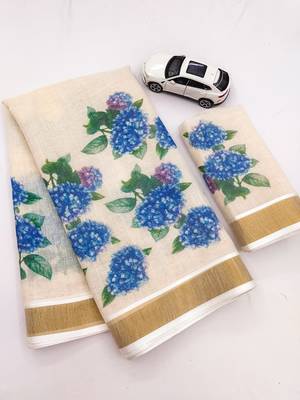 chiku -blue color flower digital printed linen cotton blend sarees 5