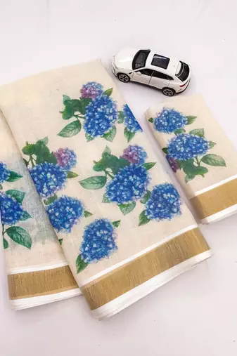 chiku -blue color flower digital printed linen cotton blend sarees