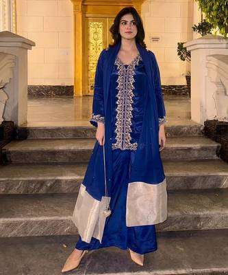 Navy blue mos satin kurti palazzo set with dupatta 1