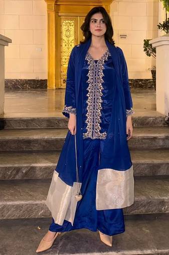 Navy blue mos satin kurti palazzo set with dupatta