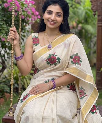 chiku -maroon color flower digital printed linen cotton blend sarees 1