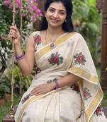 chiku -maroon color flower digital printed linen cotton blend sarees