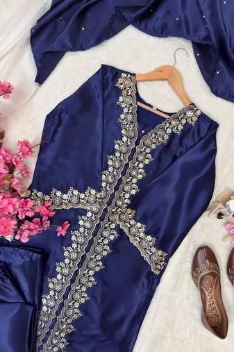 Navy blue mos satin kurti palazzo set with dupatta
