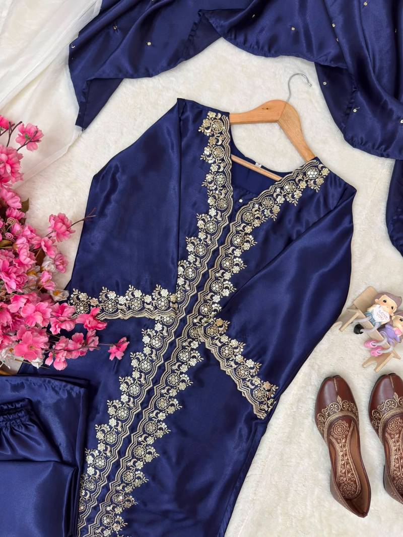 Navy blue mos satin kurti palazzo set with dupatta