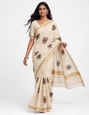 chiku -maroon color flower digital printed linen cotton blend sarees 2