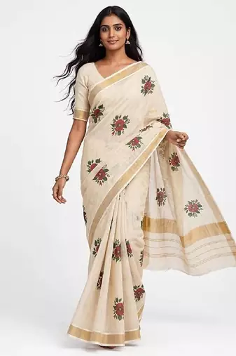 chiku -maroon color flower digital printed linen cotton blend sarees