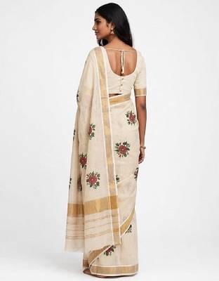 chiku -maroon color flower digital printed linen cotton blend sarees 3
