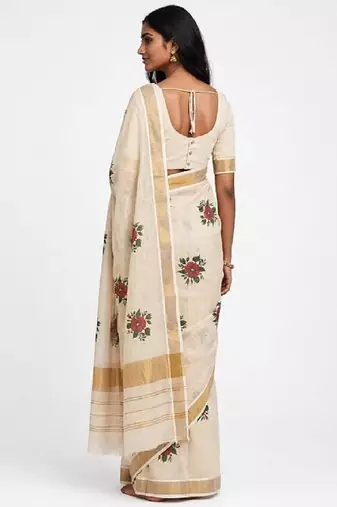 chiku -maroon color flower digital printed linen cotton blend sarees
