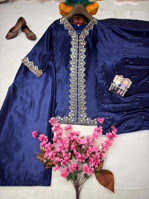 Navy blue mos satin kurti palazzo set with dupatta 3