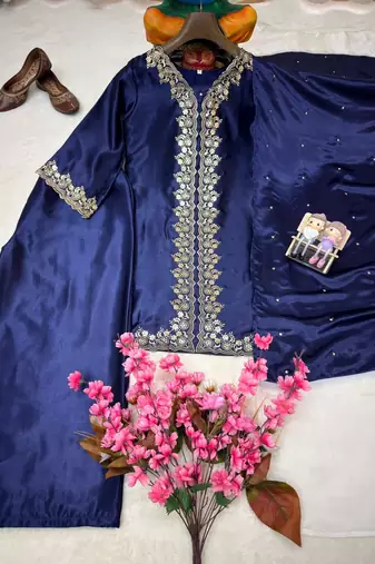 Navy blue mos satin kurti palazzo set with dupatta