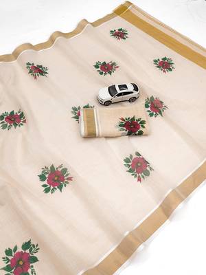 chiku -maroon color flower digital printed linen cotton blend sarees 4